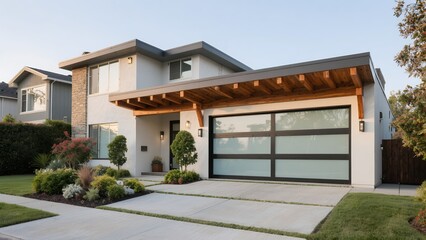 Modern Two Story House with Large Garage and Well Maintained Garden in Suburban Neighborhood