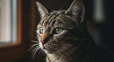 A close-up portrait of a domestic tabby cat with striking green eyes, its gaze fixed intently on something outside the frame, highlighting its keen observational nature and elegant features