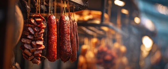 The Sausages Hanging in a Rustic Smokehouse Market Stall with Warm Light