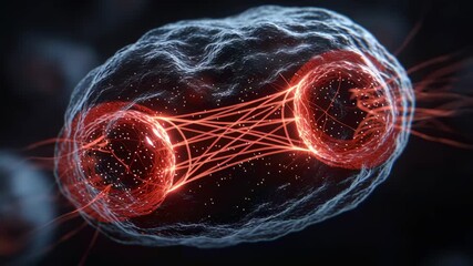 A macro view of cells dividing, with a glowing nucleus inside. The abstract animation of particles shows a biological process of mitosis or cell division. - Powered by Adobe