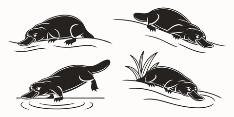Four Stylized Black Platypus Illustrations in Water