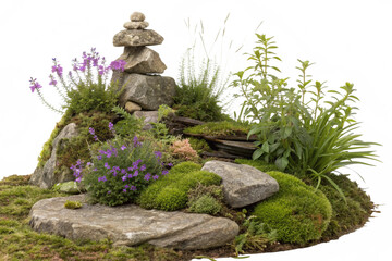 Cutout rock surrounded by flowers. Garden design isolated on transparent background. Flowering shrub and green plants for landscaping. Decorative shrub and flower bed