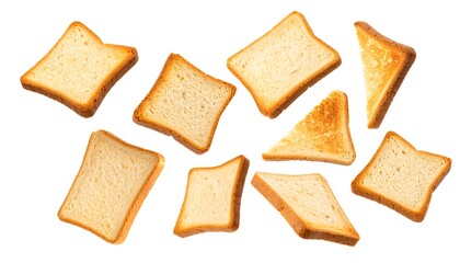 Triangular toasted bread slices arranged on white background