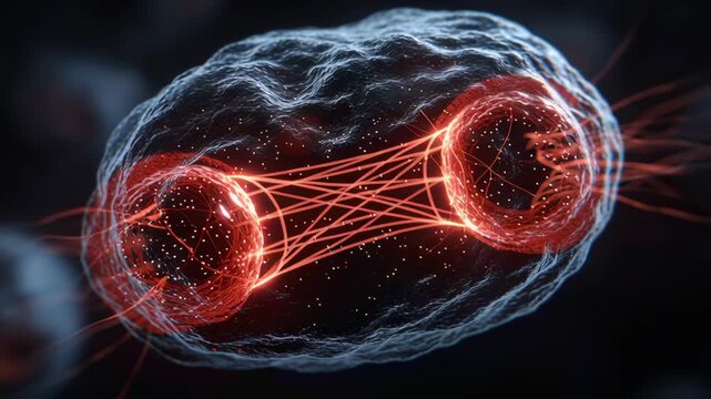 A macro view of cells dividing, with a glowing nucleus inside. The abstract animation of particles shows a biological process of mitosis or cell division.