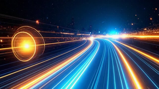 Brilliant light trails form a dynamic pattern in a city skyline under a night sky.