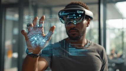 A man wearing a virtual reality headset is interacting with glowing, futuristic data projected onto his hand. He is standing in a modern office environment. - Powered by Adobe