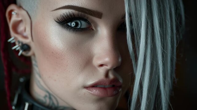 A close-up cyberpunk portrait of a stylish woman with an unusual punk haircut featuring shaved sides, dreadlocks, and pale hair. Her piercing gaze is directed at the camera.