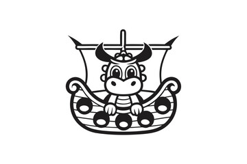 Cartoon Ox Character Mascot Design on Viking Ship, Art, White Background