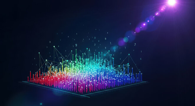 Data Visualization and Analysis with Colorful 3D Bar Graph, Connected Lines, and Floating Numbers on Dark Background for Business Intelligence and Insights