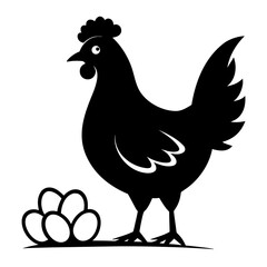 A black silhouette of a chicken standing next to a group of eggs