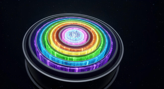 Futuristic Rainbow Energy Core, Concentric Glowing Sci-Fi Rings, a Digital Technology Power Reactor. Abstract futuristic power core with glowing rainbow rings of light. - Powered by Adobe