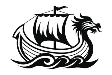 Black and White Viking Ship Drakkar with Dragon Head