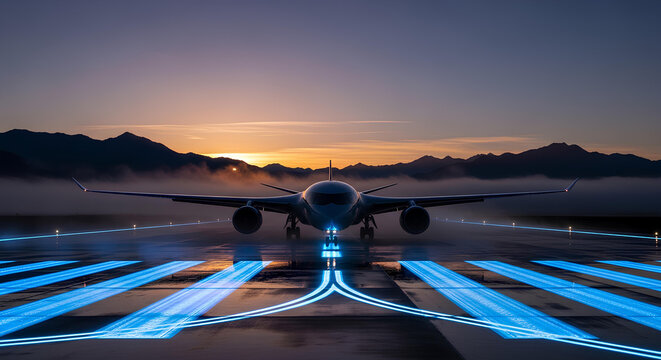 Futuristic airplane on a glowing blue runway at sunrise, commercial jet with modern lights, air travel and transportation technology, airplane on runway for departure.