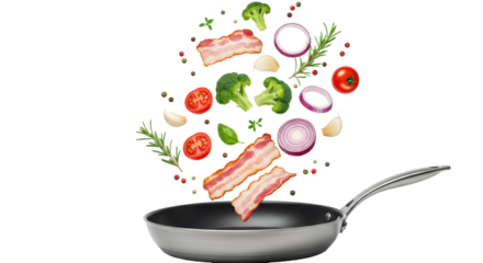 Vibrant raw ingredients frozen mid-air, falling into a sleek stainless steel frying pan on a transparent studio background. Concept of healthy and dynamic food preparation