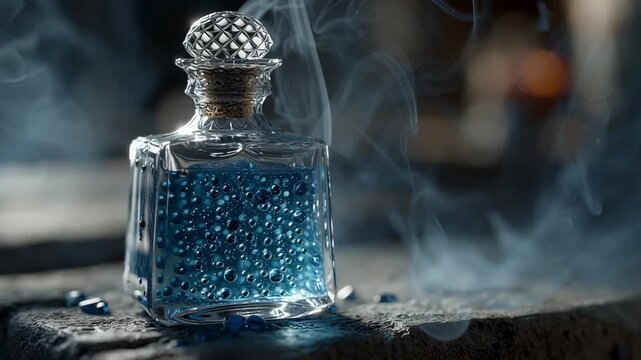 A glowing bottle of potion with a cork lid is sitting on a wooden table. Smoke is rising from the object and light is reflecting off the glass to give a magical look.