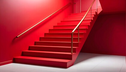 A vibrant, contemporary staircase with glossy red steps and a gold handrail, leads upward against a bold, uniform red wall in a modern interior space.