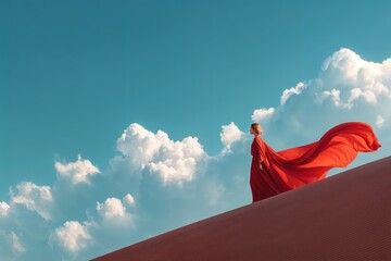 Una figura envuelta en un vestido rojo se alza sobre una duna de arena, con un cielo azul celeste salpicado de nubes blancas como telón de fondo.