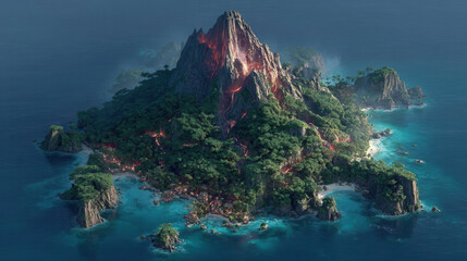 Aerial view of tropical island with lush greenery and volcanic mountain surrounded by blue ocean water, with glowing lava rivers flowing down mountain, creating dramatic landscape at dusk or dawn