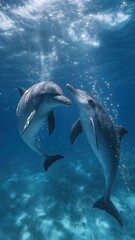 Naklejka premium Dos delfines nadan en espiral en aguas cristalinas, creando una escena de gracia y movimiento.
