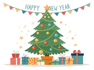 Festive Christmas Tree with Presents and New Years Banner isolated on transparent background