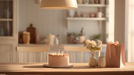 Cake with flowers and gift on wooden table in cozy home interior