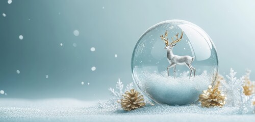 Elegant Christmas background featuring a reindeer in a snow globe, surrounded by golden pinecones and snowflakes in a tranquil winter scene
