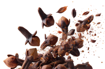 Explosive clove spice dispersal culinary scene food environment isolated on transparent background, png