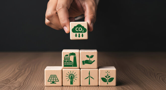 Carbon Footprint Reduction and Environmental Sustainability Initiatives Represented by Wooden Blocks with Green Icons Promoting Eco-Friendly Practices and Climate Action