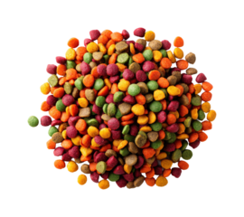 Colorful pet food vibrant kibble mix on pet nutrition isolated on transparent background, png
