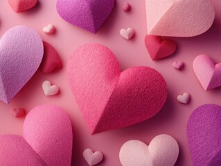 Colorful paper heart decorations arranged on a pink background for romantic occasions during spring celebrations or events