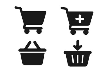 Shopping cart and basket glyph icon set. E-commerce and retail purchase symbols. Add to cart button for online store UI. Buy, order, checkout vector graphic element.
