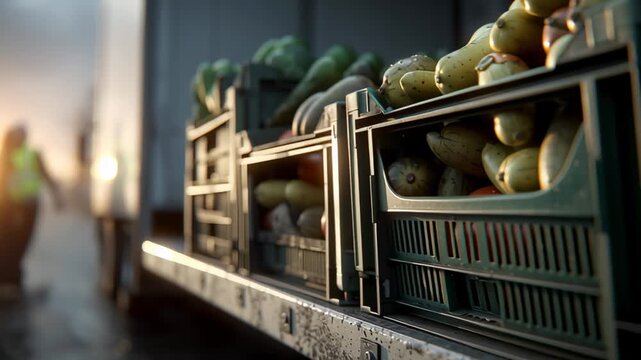 Close-up of fruit and vegetables in plastic crates loaded onto a truck. The fresh produce is ready for transport, highlighting the food delivery and agricultural logistics chain.