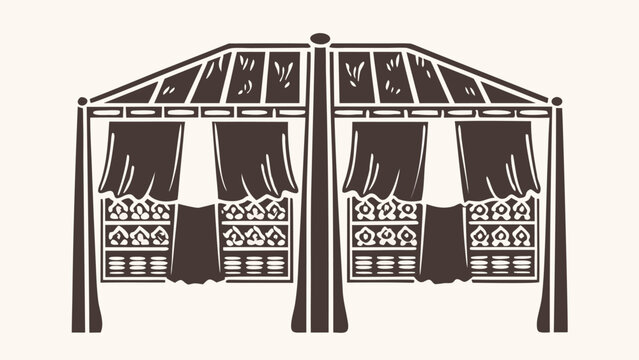 Illustration of an ornate gazebo structure with curtains and decorative patterns in brown and white color scheme silhouette