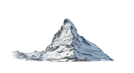 A pristine, majestic snow-capped mountain peak with detailed icy slopes and rugged textures, isolated against a transparent background. Concept of aspiration and achievement