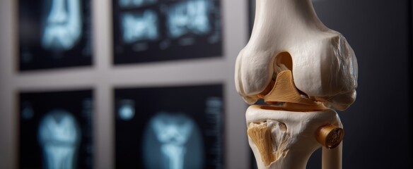 The knee joint model with X-ray background illustrating anatomy, diagnosis, and orthopedic treatment