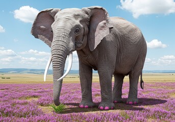 Majestic African Elephant with Long Ivory Tusks Standing Proudly in a Vibrant Field of Purple Wildflowers Under a Clear Blue Sky