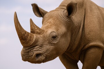 Fototapeta premium Majestic Rhino Portrait: Close-up of a Wild Animal with Horn in Natural Habitat