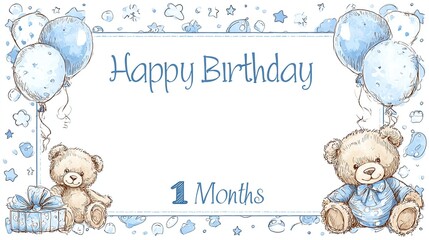 Newborn milestone photo session - Cute Teddy Bear Themed 1 Month Birthday Card with Blue Balloons perfect for baby memory books, photo albums, and nursery decor