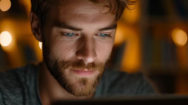 A smiling man with a beard and blue eyes is looking at a computer screen in the dark. The person is in an indoor setting with warm lights in the background.