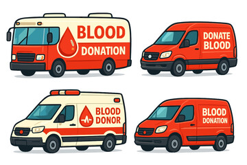 Blood Donation Vehicles Vector Set. Modern Cartoon Ambulances, Vans, and Mobile Clinics with Donate Blood Signs, Logos, Medical Symbols. Creative Red Design for Blood Drive, Healthcare, Charity