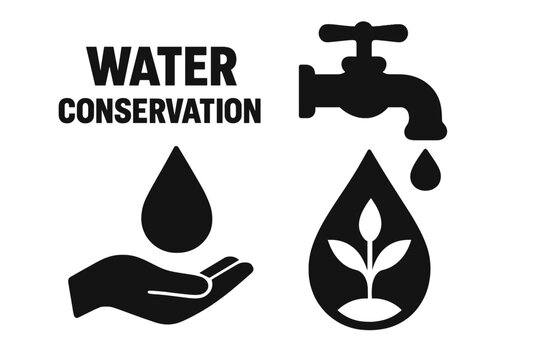 Water conservation sustainable icon set. Eco-friendly silhouettes with water drop, faucet, hand holding water, plant in drop. Environmental protection, saving water, clean nature care concept vector
