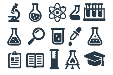 Obraz premium Science and education solid icon set. Laboratory research, chemistry, and biology equipment. Vector symbols for experiment, study, and analysis. Microscope, flask, atom.
