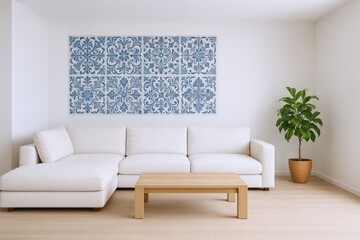 Bright Living Room with White Sofa, Wooden Table, Plant and Decorative Blue Wall Tiles