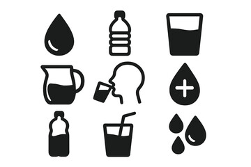 Water and hydration solid icon set. Essential symbols for liquid consumption, bottle, glass, and jug. Vector glyph collection for health, thirst, and refreshment concepts.