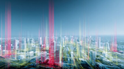 Futuristic Cityscape with Digital Network Overlay, High-Tech Urban Development Concept, Modern Architecture and Communications