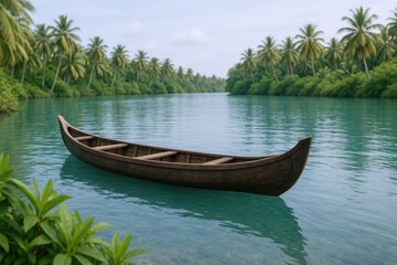 Serene River Scene with Traditional Canoe and Lush Tropical Palm Trees on Sunny Day