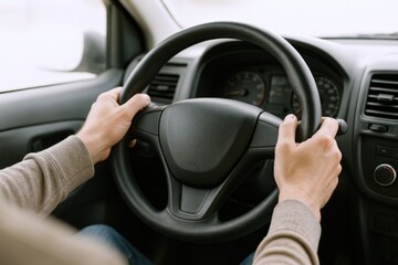 Driver's Perspective: Hands on Steering Wheel, Navigating the Road Ahead in Modern Car Interior