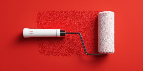Obraz premium Red Paint Roller Painting Wall, Flat Lay. Home Improvement and Decoration Concept, Fresh Color