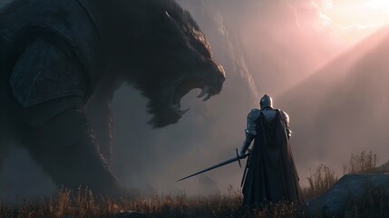 Armored knight faces enormous beast in an epic, dramatic fantasy landscape with a powerful mood.