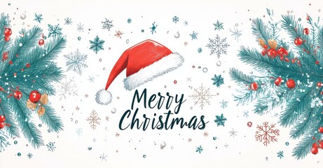 Festive Christmas card with Santa hat and pine branches on a white background featuring snowflakes and seasonal decorations